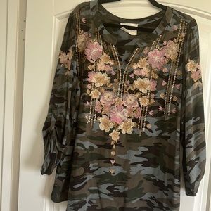 Savanna Jane flower embroidered camo shirt, plus size